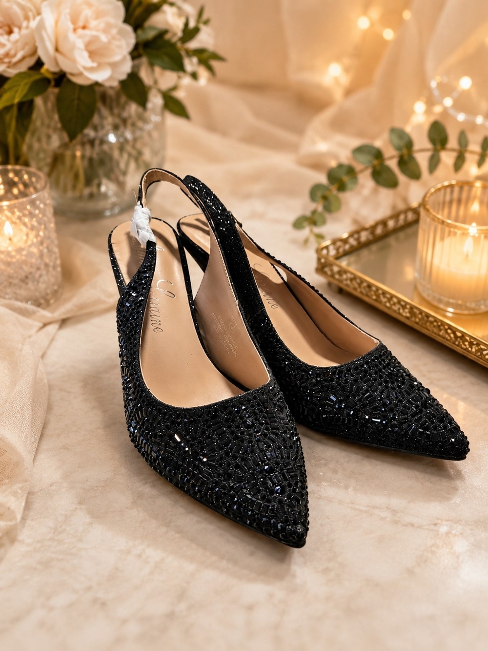 Black Embellished Pointed-Toe Slingback Flats